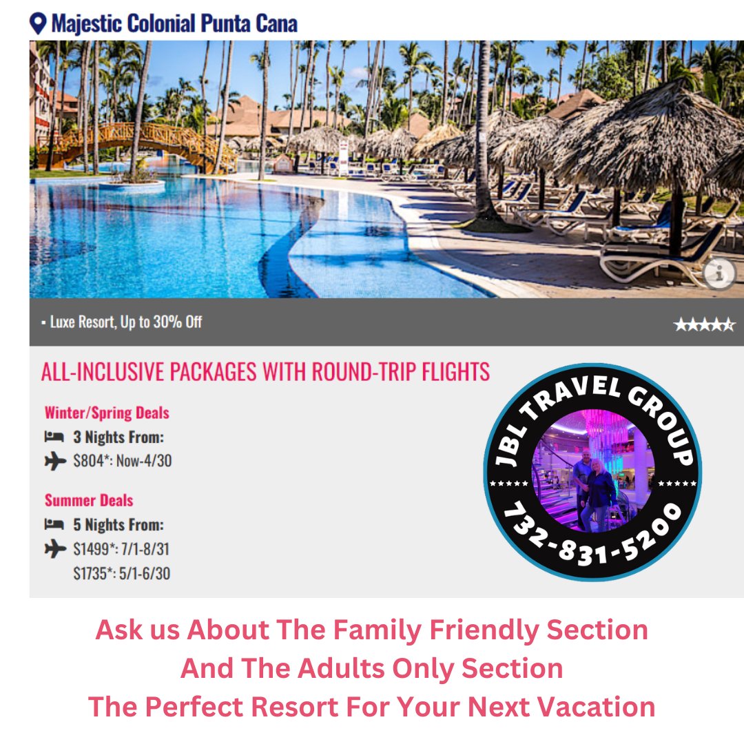 #Majesticresorts the perfect place for #familyvacations #groupgetaways #destinationweddings #honeymoons and #romanticgetaways with a #familyfriendly section as well as an #adultsonly section. #majesticcolonial #puntacana
Call the #jbltravelgroup today for more information!