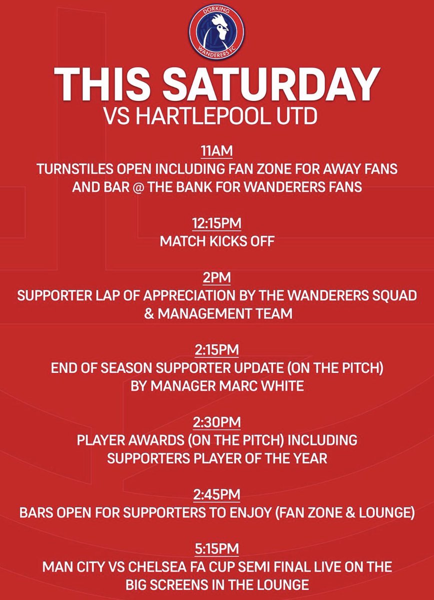 LET’S MAKE A DAY OF IT THIS SATURDAY WANDERERS FANS 🤩 ☑️ Bars open pre-match ☑️ Wanderers vs Hartlepool ☑️ Update from The Gaffer ☑️ Player awards post match ☑️ FA Cup semi on the big screens Tickets selling fast ⬇️ dorkingwanderersfc.ktckts.com/event/g23/hart…