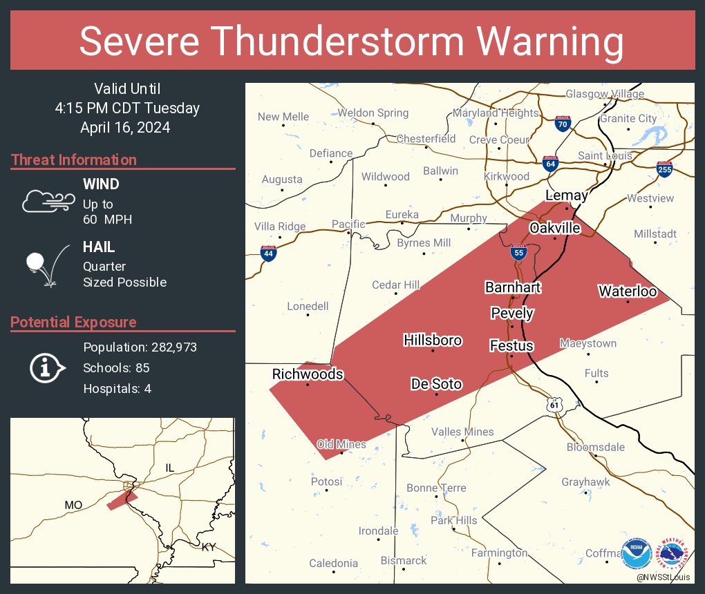 Severe Thunderstorm Warning including Oakville MO, Mehlville MO and  Arnold MO until 4:15 PM CDT