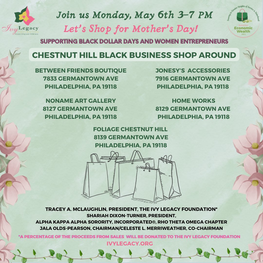 🎉🛍️ Join us for an afternoon of shopping for a good cause! 🎉🛍️

🌟 Get ready to shop till you drop at our Black Business Shop Around event! 🌟

📅 Date: Monday, May 6th

🕒 Time: 2:00pm -7:00 pm

📍 Location: Chestnut Hill

 💃🛍️ #ShoppingEvent  #artgallery #plants #undraiser