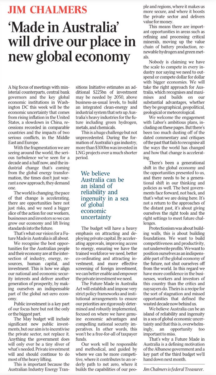 A Future Made in Australia is all about making us an indispensable part of the global net zero economy, and a bigger slice of the action for workers and businesses to grow our economy and lift living standards for decades to come. My piece in today’s @australian #auspol #ausecon