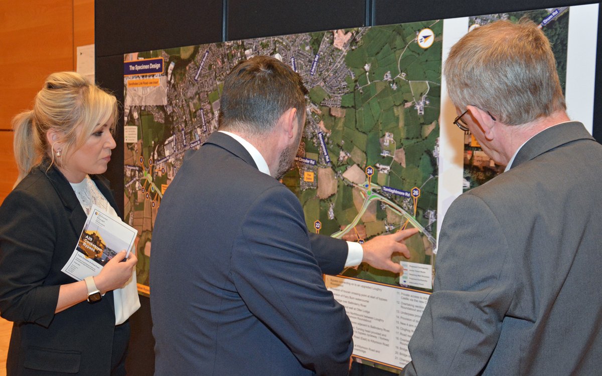 First Minister Michelle O’Neill attended the A29 Cookstown Bypass Scheme Public Information Day, held @burnavontheatre in Cookstown. The First Minister met with @deptinfra staff and engineering consultants who provided details on the work to date and the next steps in progressing