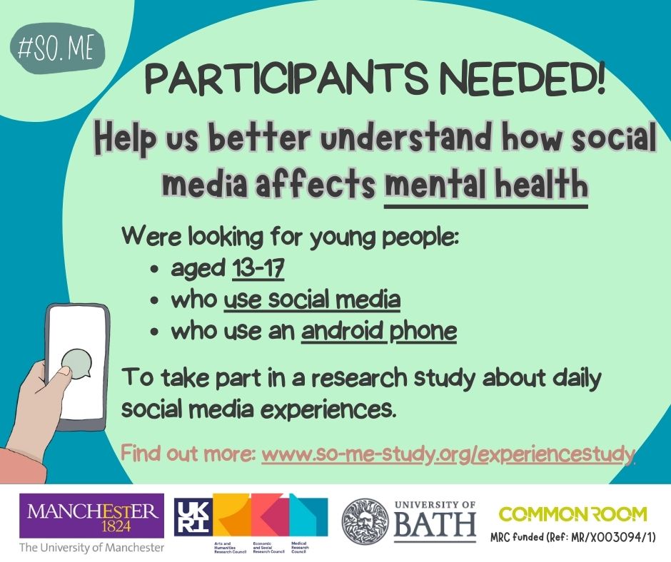 Participate in research and get vouchers! We are looking for young people 13-17 to take part in our study exploring young people's social media use & wellbeing📲📷 Find out more 📷so-me-study.org/experiencestudy Please RT!