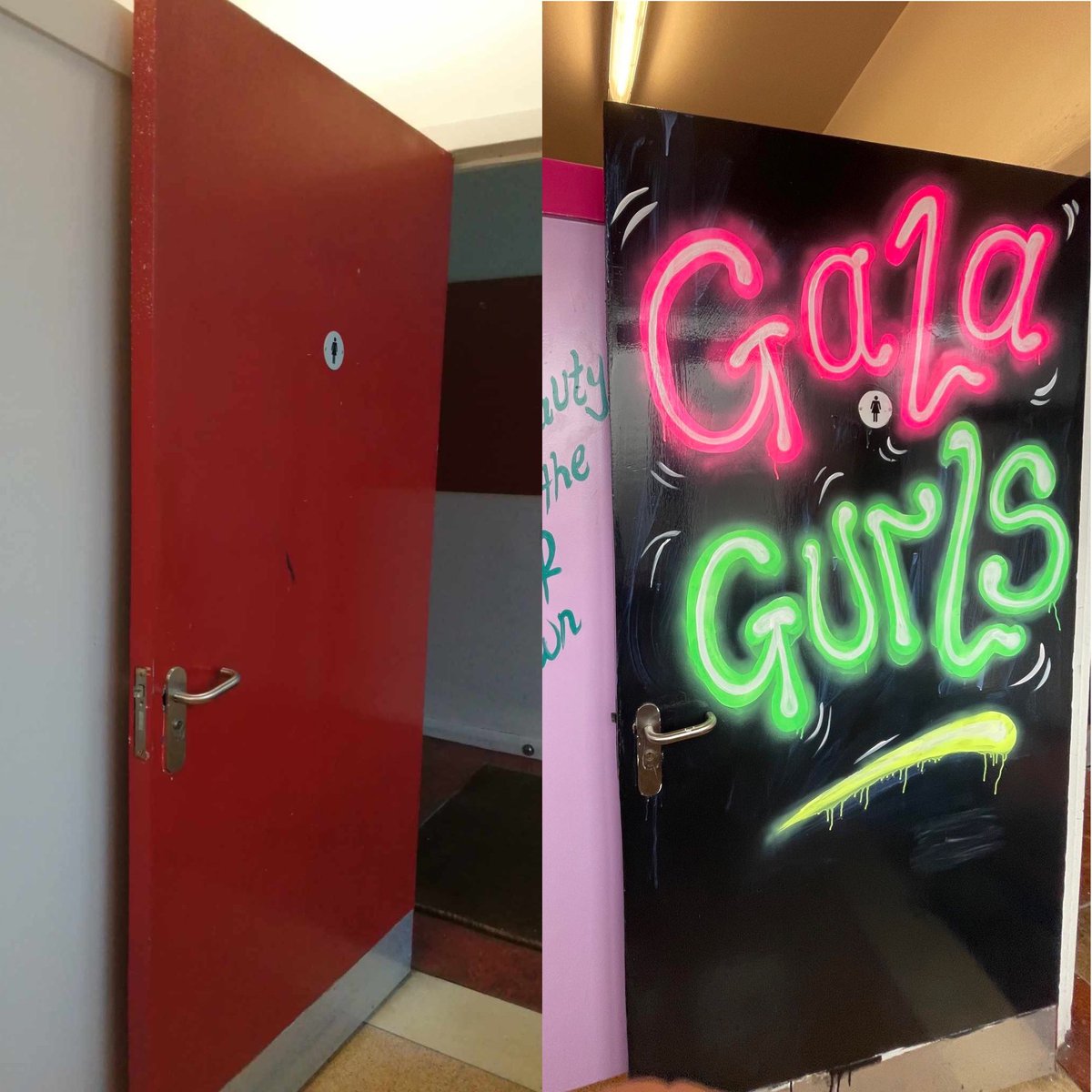 TD1YH's tweet photo. Some before and afters of our amazing project at @Gala_Academy  in the girls toilets. Working with young people who designed, prepped and painted the toilets over the Easter holidays they have breathed new life into the space and learnt some amazing skills in the process. https://t.co/f7s92lL7ko