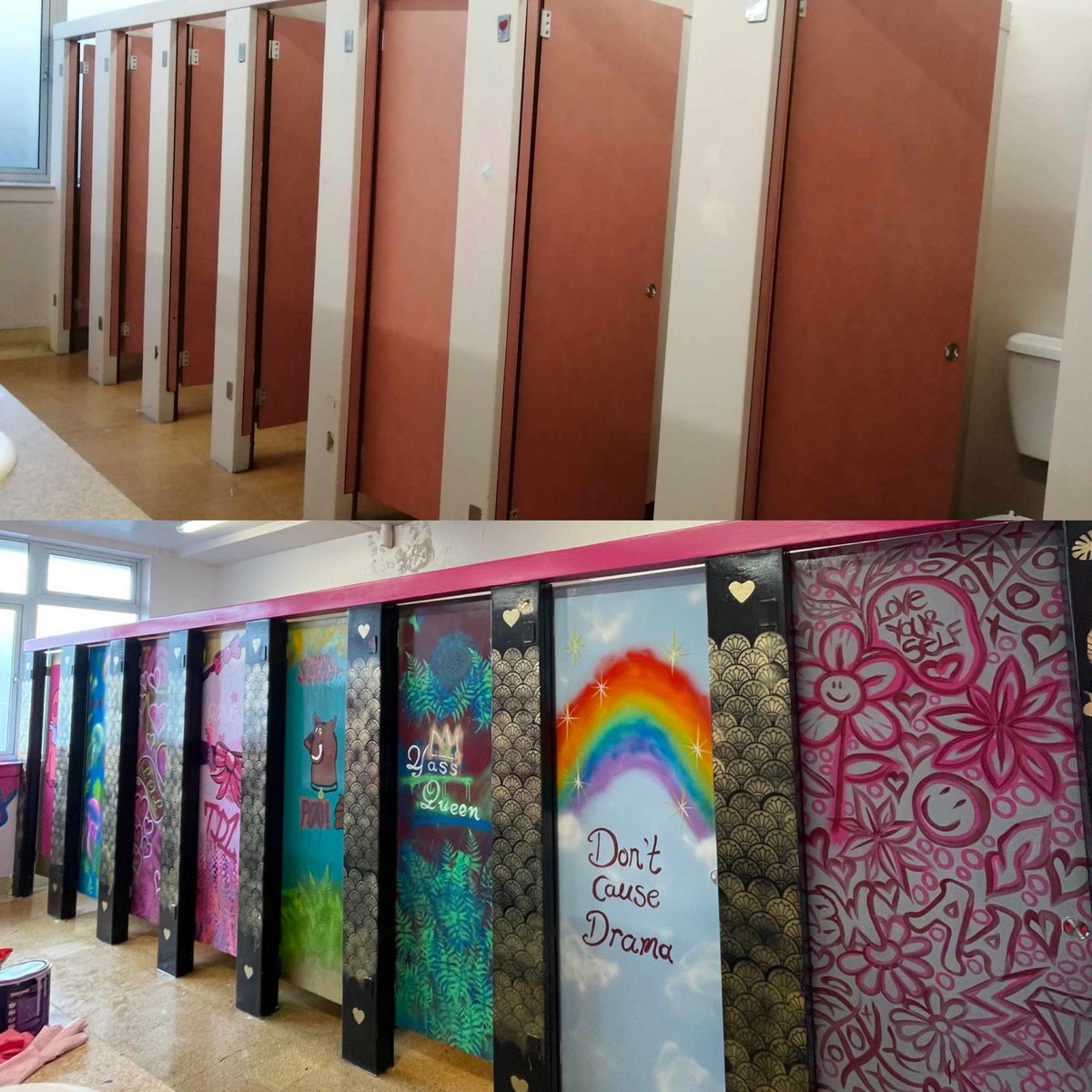 TD1YH's tweet photo. Some before and afters of our amazing project at @Gala_Academy  in the girls toilets. Working with young people who designed, prepped and painted the toilets over the Easter holidays they have breathed new life into the space and learnt some amazing skills in the process. https://t.co/f7s92lL7ko