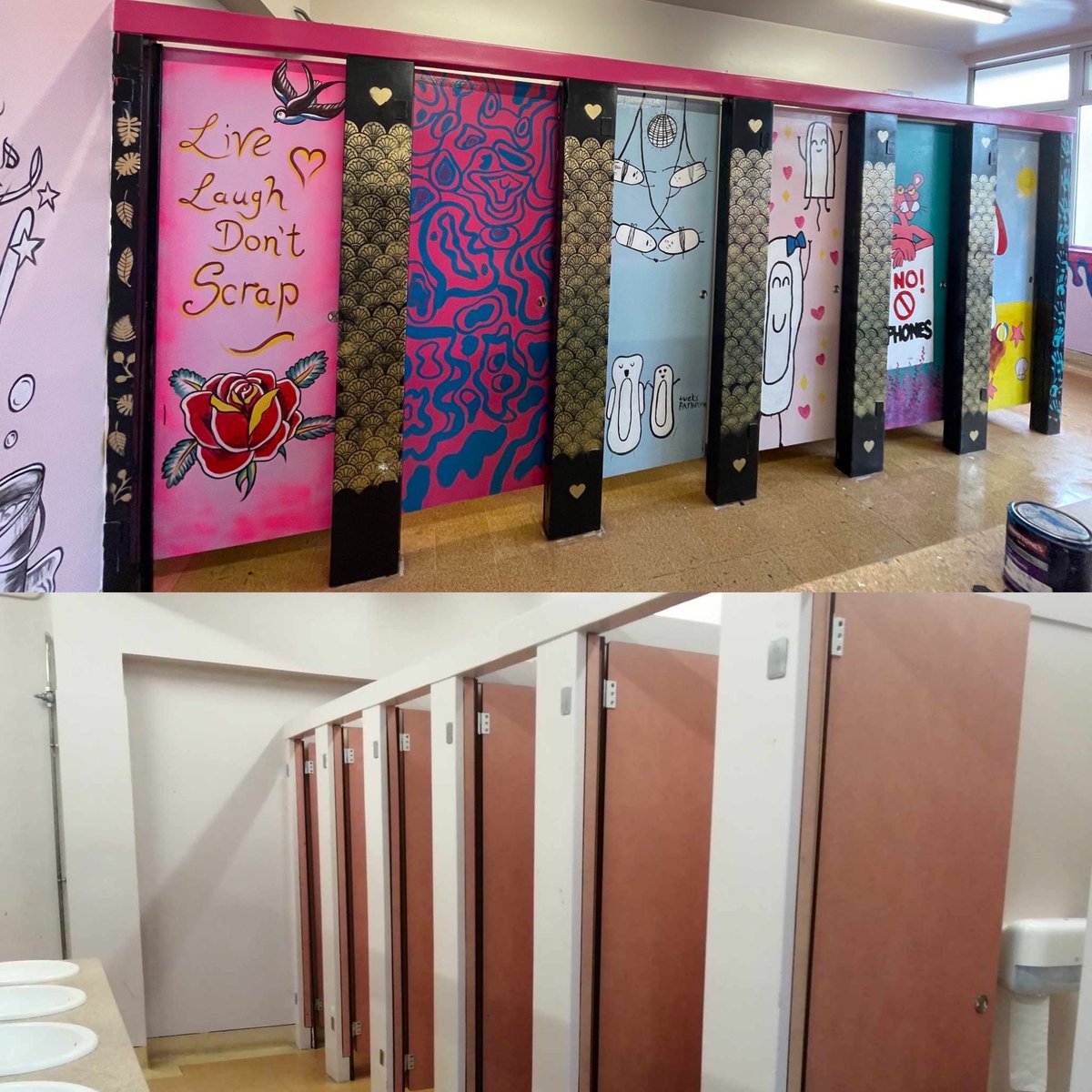 TD1YH's tweet photo. Some before and afters of our amazing project at @Gala_Academy  in the girls toilets. Working with young people who designed, prepped and painted the toilets over the Easter holidays they have breathed new life into the space and learnt some amazing skills in the process. https://t.co/f7s92lL7ko