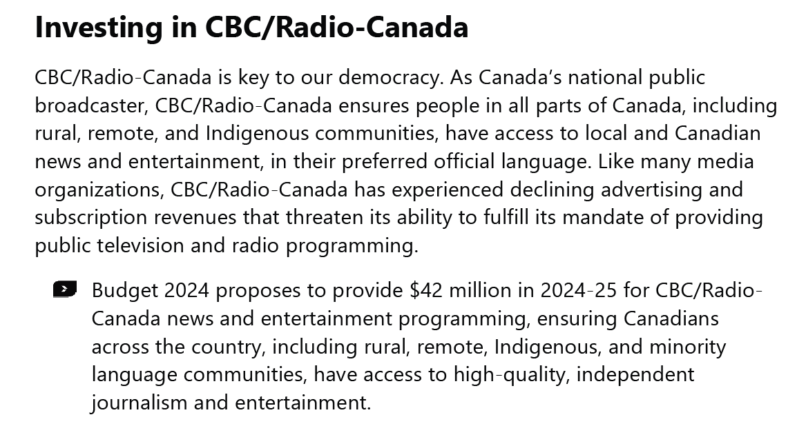 The government cut the amount of Google money allocated toward the CBC from Bill C-18. So it makes it up with an extra $42 million from #Budget2024.