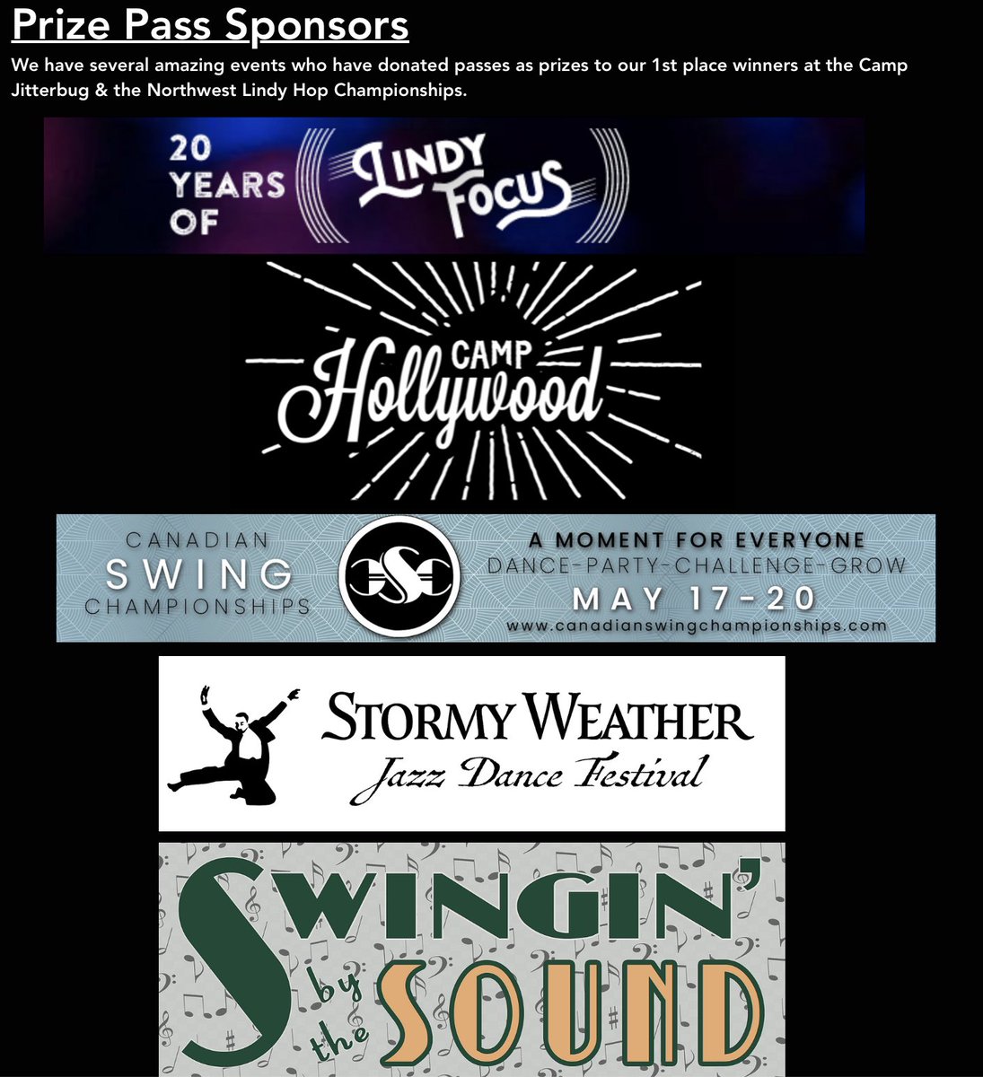 campjitterbug's tweet photo. COMPETITION PRIZE PASS ANNOUNCEMENT! 
Lindy Hop Couples Prize Pass: Lindy Focus 
Balboa Social Prize Pass: Swinging by the Sound 
Open Lindy Hop Social  Prize Pass: Camp Hollywood Switch Strictly  Prize Pass: Stormy Weather 
Solo Challenge  Prize Pass: Canadian Swing Championship https://t.co/DNpXpzPfqJ