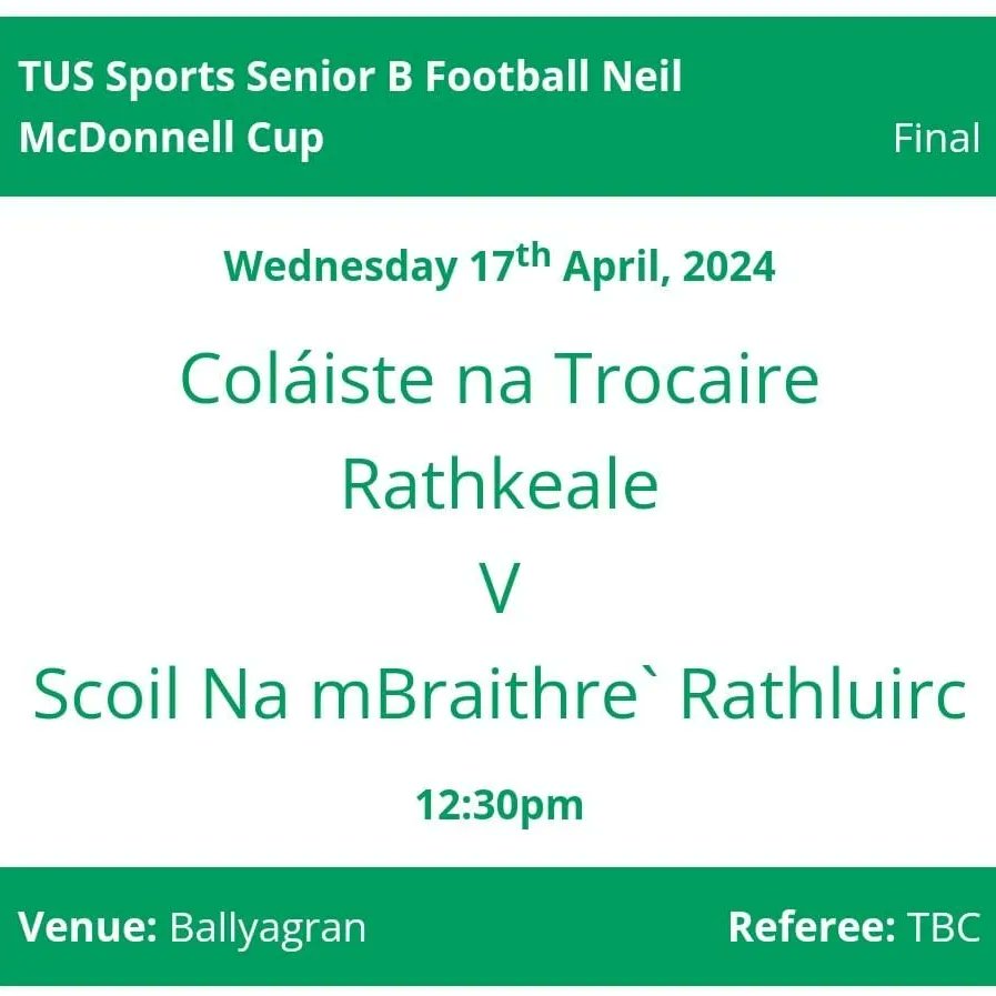 Best of luck to our Senior Footballers who finish off the season tomorrow with the Limerick Colleges Senior Football final vs Rathkeale. 

Best of luck boys from everyone in CBS Charleville.