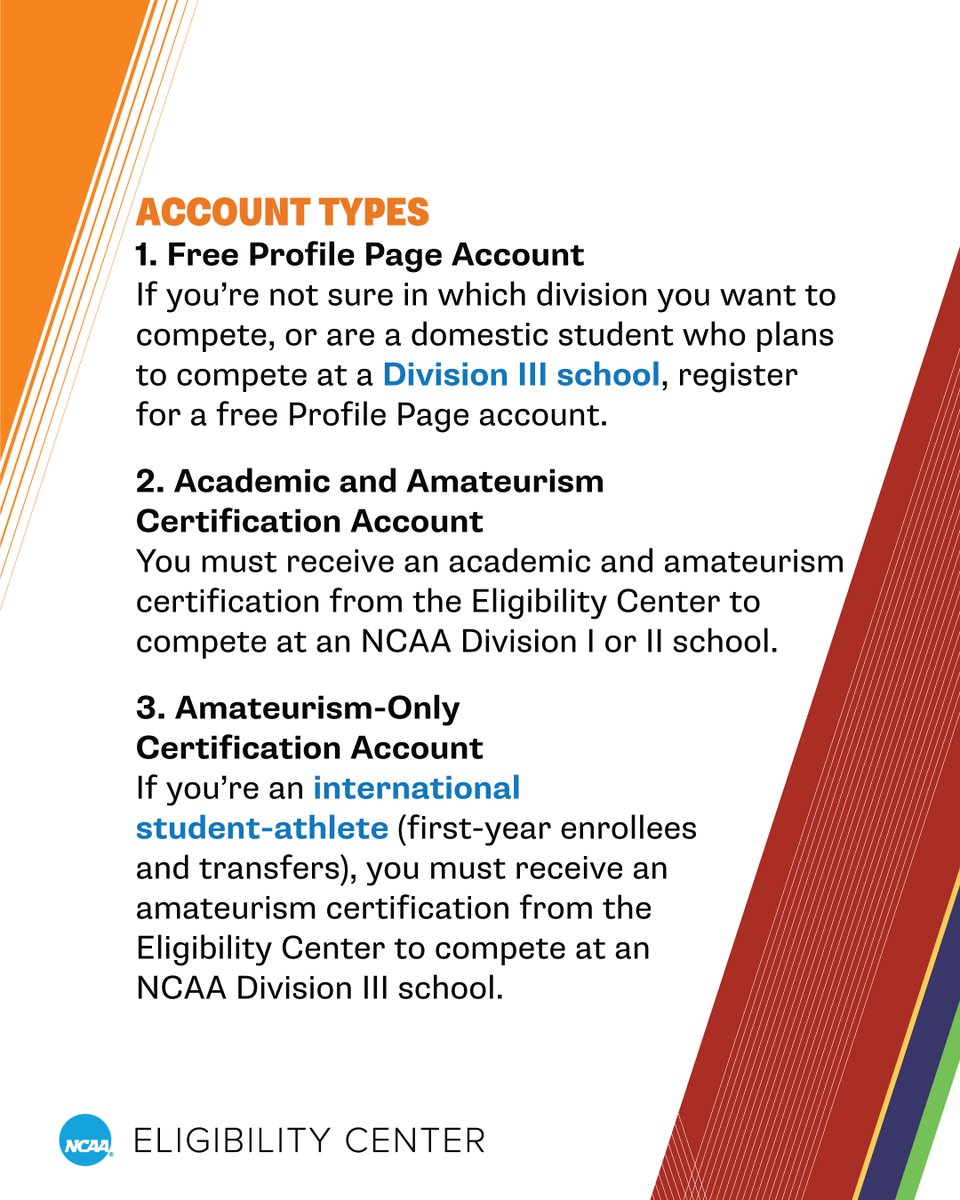 If you want to compete in NCAA sports, @ncaaec registration is required! Check out our three account types to learn which is right for you. 🔗 on.ncaa.com/AccountType