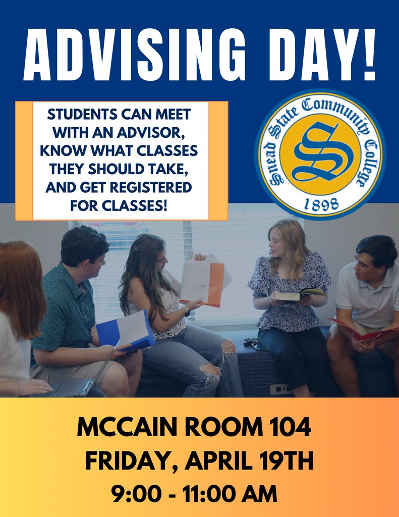 Coming up on Friday: Get ready for the summer semester by stopping by our upcoming Advising Day! Come by the McCain Student Center on April 19 between 9-11 a.m. to meet with an advisor. #SneadState #CommCollege