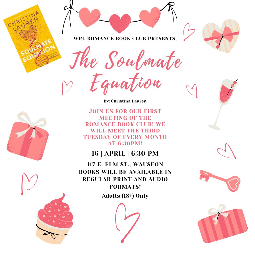 LibraryWauseon's tweet image. REMINDER!!!! Our first ever meeting of the WPL Adult Contemporary Romance Book Club is this evening at 6:30 PM here at the Library! We hope to see you there! #bookclub #library #romancebooks