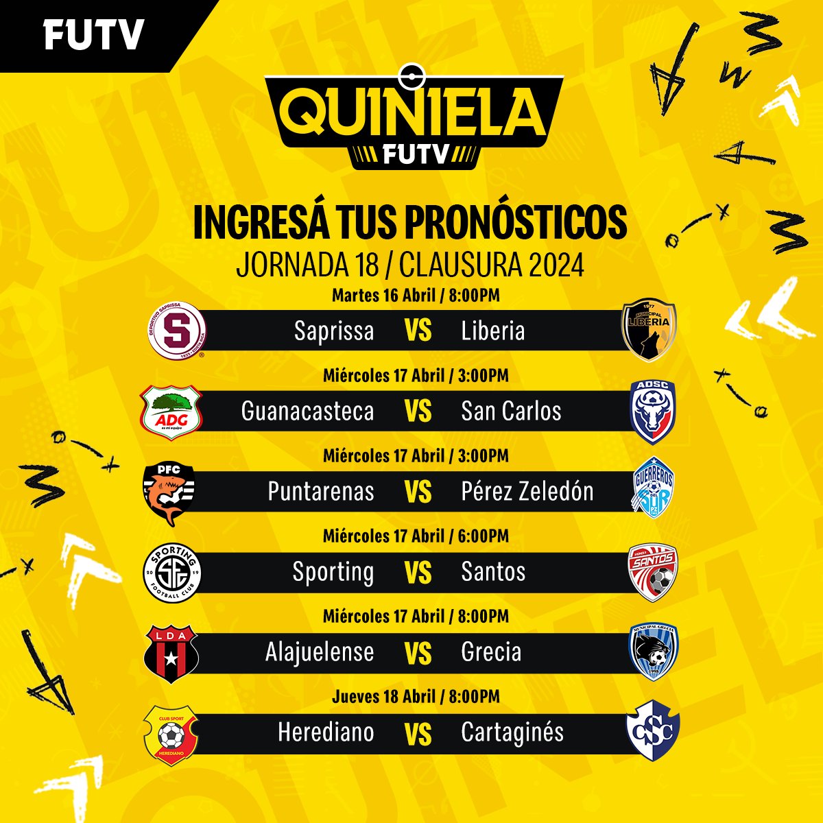 ¡Ingresá tus predicciones para la Jornada 18! ⚽️📝

Así podés participar por premios cada fecha en la #QuinielaFUTV del Clausura 2024 😃

🔗 quiniela.futvcr.com