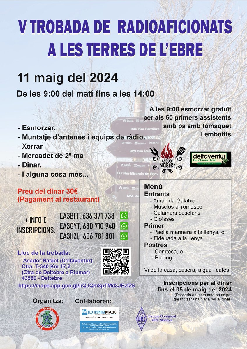 Ea3Iin's tweet photo. Vine a la 5ena. Trobada de Radioaficionats a les Terres de l'Ebre 11 de maig de 2024. Us esperem que vingueu a gaudir de les Terres de l'Ebre i ho pasem d'alló mes be. https://t.co/5khh9jEUY0