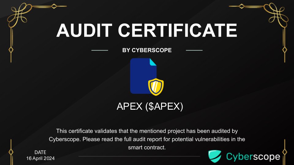 We just finished auditing
 @<a href="/therealbifkn/">bifkn |🔺pex</a>

Check the link below to see their full Audit report.
cyberscope.io/audits/9-apex

Want to get your project Audited?
cyberscope.io

#Audit #SmartContract #Crypto #Blockchain