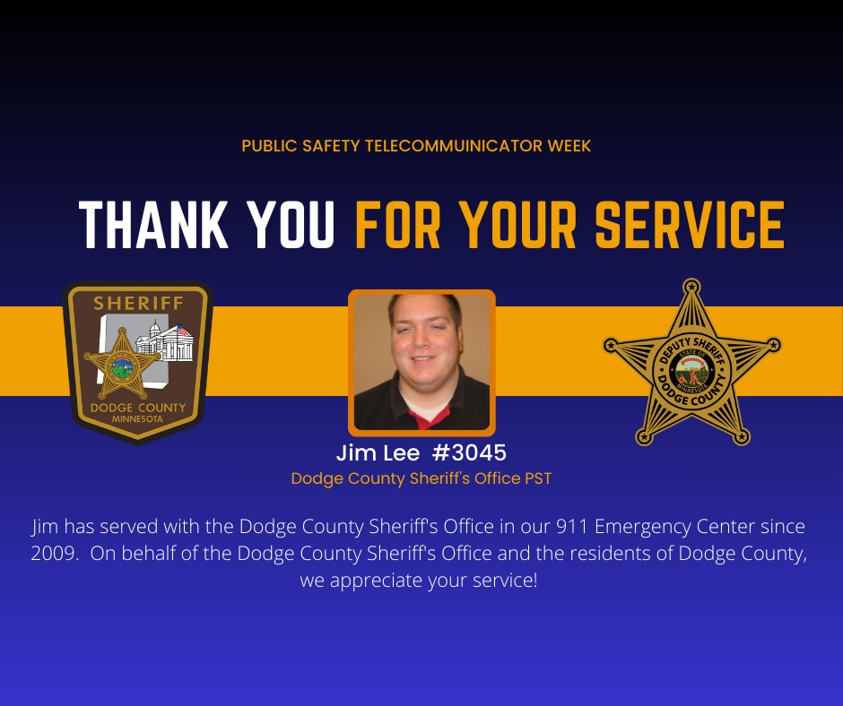 NATIONAL PUBLIC SAFETY TELECOMMUNICATORS WEEK - This week we're celebrating our heroes who are heard, but never seen, serving in our 911 Dispatch Center. Jim (a.k.a. Jimmy) is one of these heroes! On behalf of Dodge County and DCSO, we thank you for your service! 🖤💛🖤🇺🇸🇺🇸🇺🇸