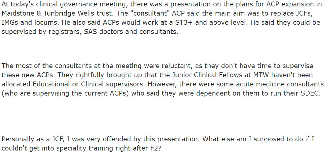 ACP expansion (working at ST3+?) planned at @MTWnhs to replace JCFs/IMGs/locums. What do you want F2 doctors to do when they don't get a training post? The gall of this cons ACP 
R Colleges gave noctors legitimacy and now theyre taking the p**s. There is no equivalency to doctors