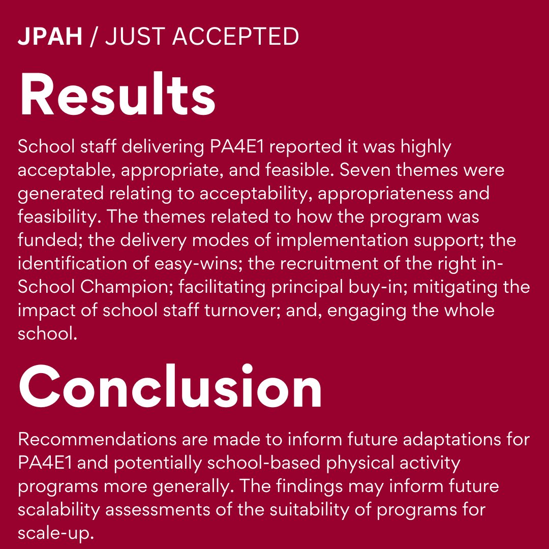 📣Just accepted: 🇦🇺 @HealthTepi & colleagues’ process evaluation study describes the acceptability, appropriateness, and feasibility of the whole school #PhysicalActivity program– Physical Activity for Everyone #PA4E1. Article coming soon!