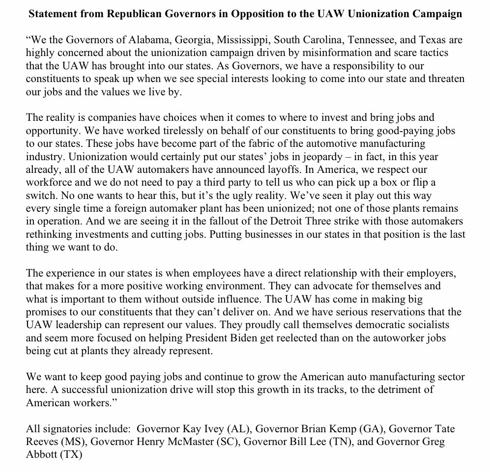 I’m proud to join Republican governors in opposing UAW’s latest anti-job unionization push. In Georgia, we’ll continue fighting for hardworking Georgians and job creators!