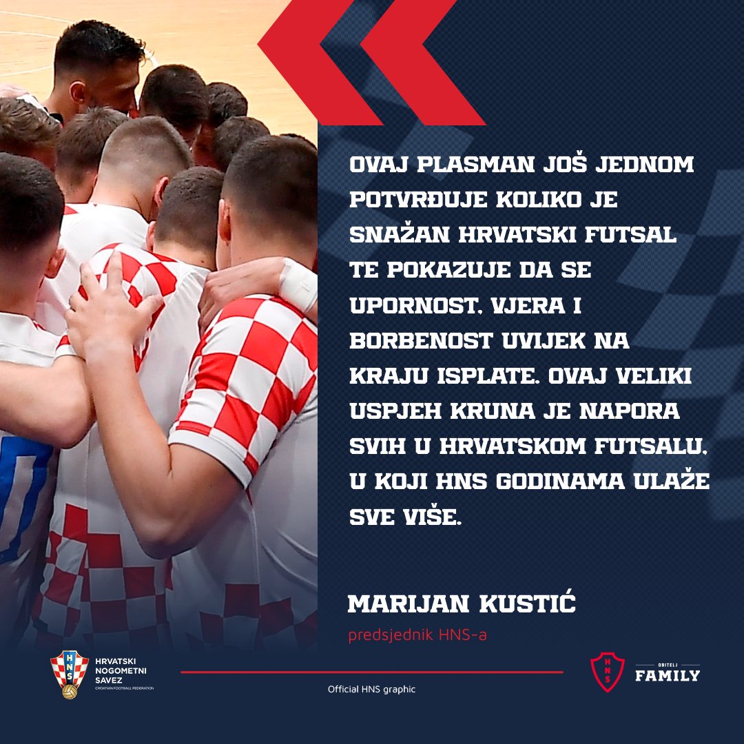 'Čestitke i zahvale idu reprezentativcima i stručnom stožeru, kao i svim klubovima, trenerima, igračima i dužnosnicima koji se svakodnevno trude da hrvatski futsal napreduje'

Predsjednik HNS-a Marijan Kustić uputio je čestitku za plasman na #FutsalWC! 

#Obitelj