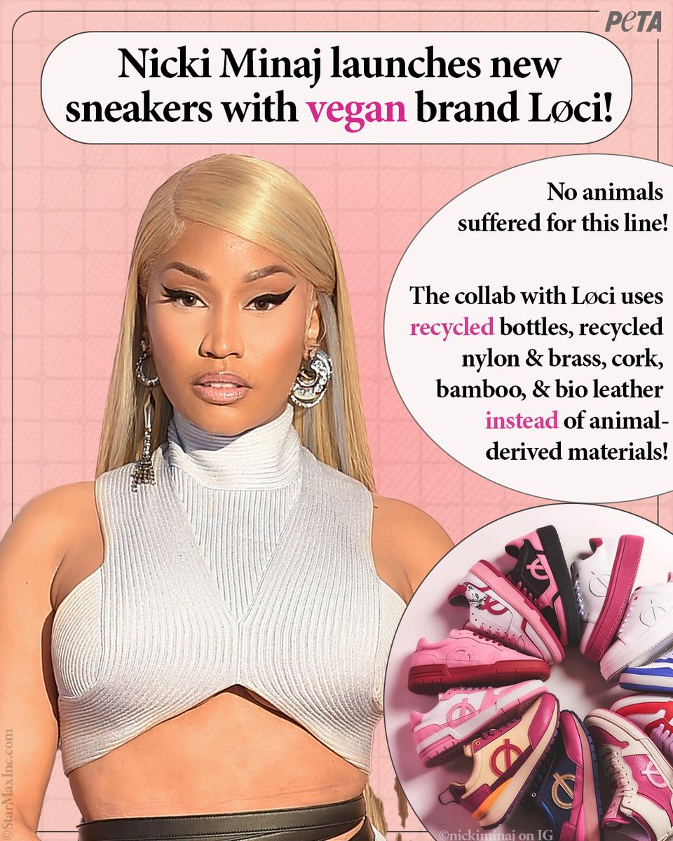 peta's tweet photo. Calling all the ๐ barbs ๐
Weโre excited to see that @NICKIMINAJ's new line of #vegan sneakers spared cows & other animals by not using leather ๐ https://t.co/parDxKO2L5