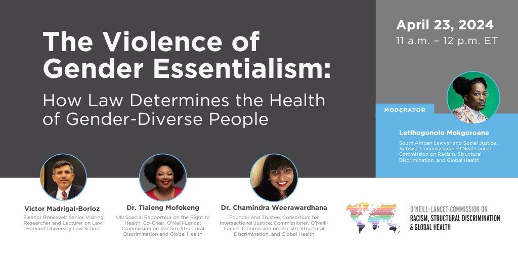 YOU'RE INVITED! Join @RSDGHcommission Commissioners @mx_mokgoroane, @drchamie and co-Chair @drtlaleng on April 23 for an incredibly important conversation on 'Gender Essentialism: How Law Determines the Health of Gender-Diverse People'. Register: tinyurl.com/4rvnzr7f