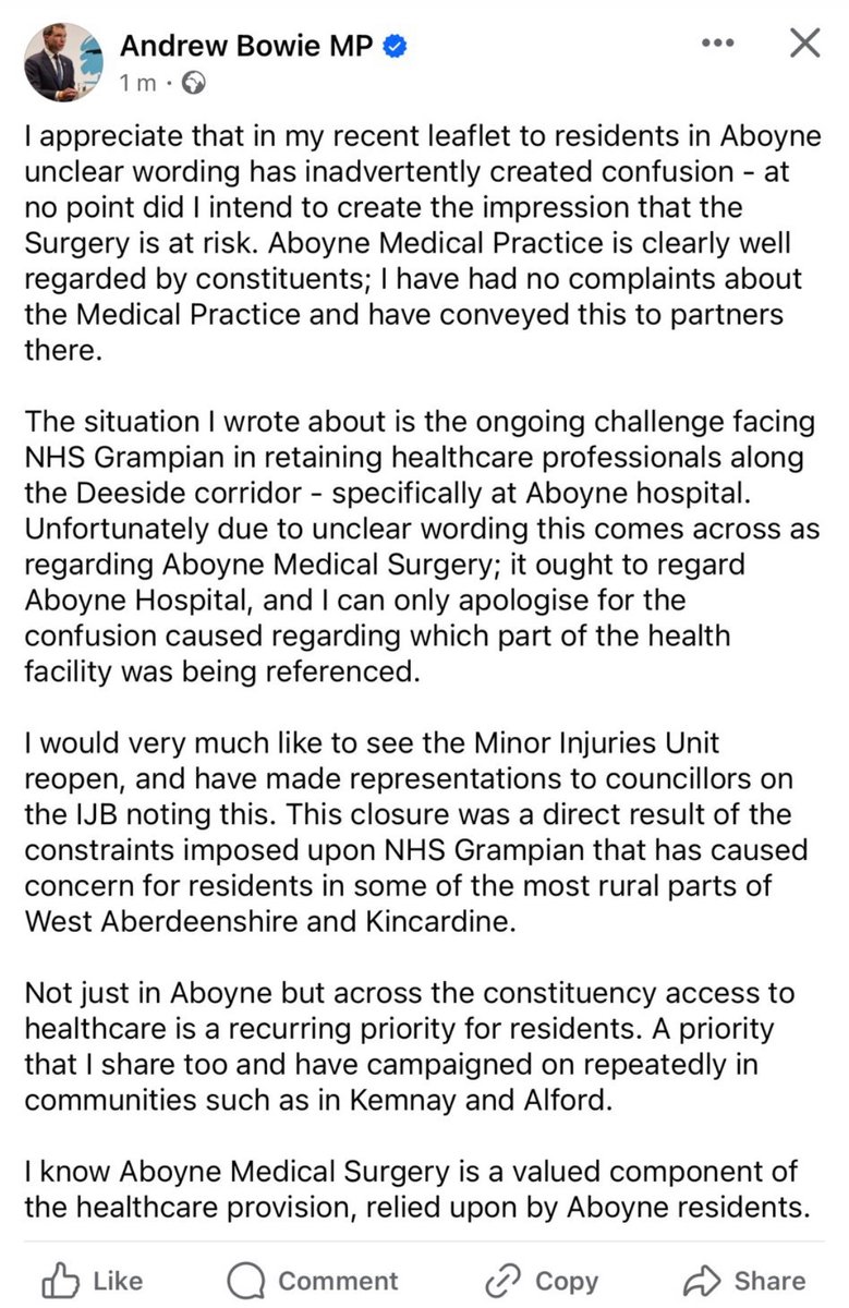 Not been a good day for Andrew Bowie From uproar caused by his erroneous suggestion that Aboyne Medical Practice is under threat of closure, he now digs a deeper hole on MIUs As a member of the IJB I can categorically state that I have received no representation at all from him