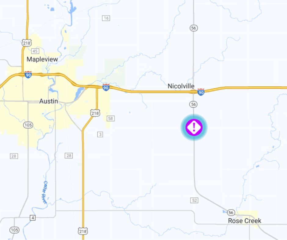 #trafficalert There has been a semi rollover on Hwy 56, south of I-90 at mile marker 29 near Rose Creek. Both lanes are blocked. Follow the established detour and use extra caution in that area around emergency responders. Check 511mn.org for updates.