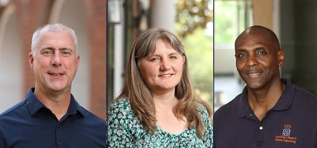 Several UVA Engineering faculty recently received UVA Teaching and Public Service awards. Congratulations to (left to right): Brian Helmke (BME), Natasha Smith (MAE) and Garrick Louis (SIE, E&S)! @UVABME @uvamae