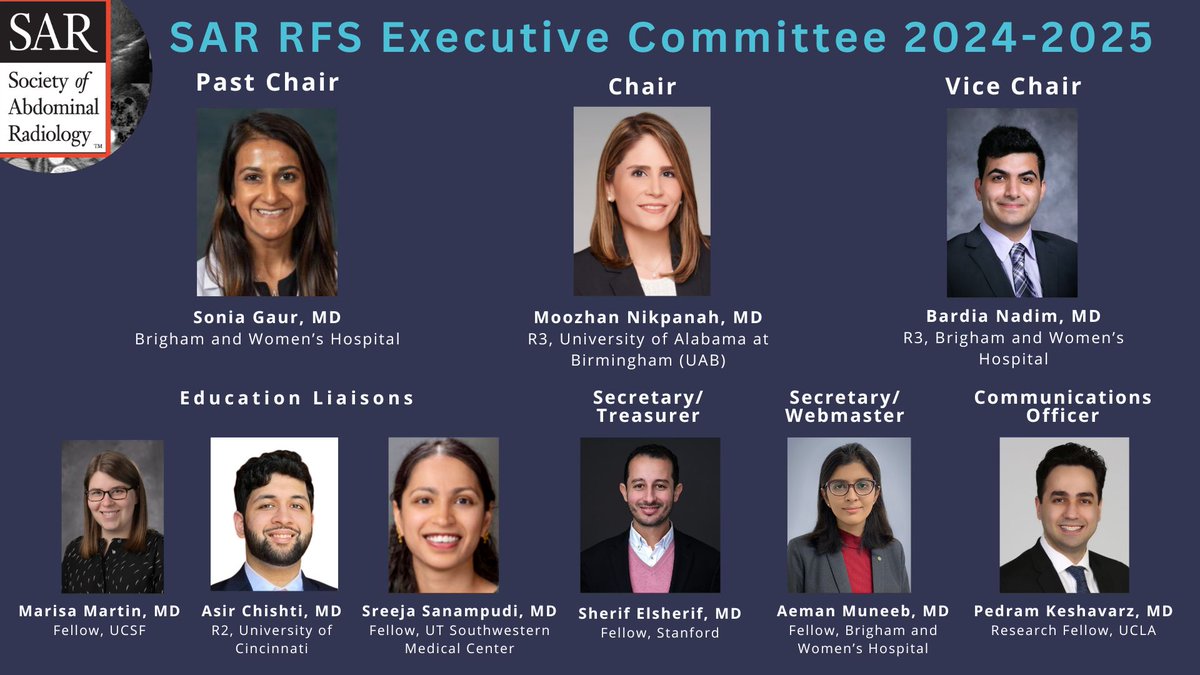 We are very excited to announce our new SAR-RFS Executive Committee leaders for the 2024-2025 term🌟🌟at #SAR24! @SAR_RFS @SocietyAbdRad A warm welcome to all! 👏🏼👏🏼👏🏼 #Radiology #AbdRadiology