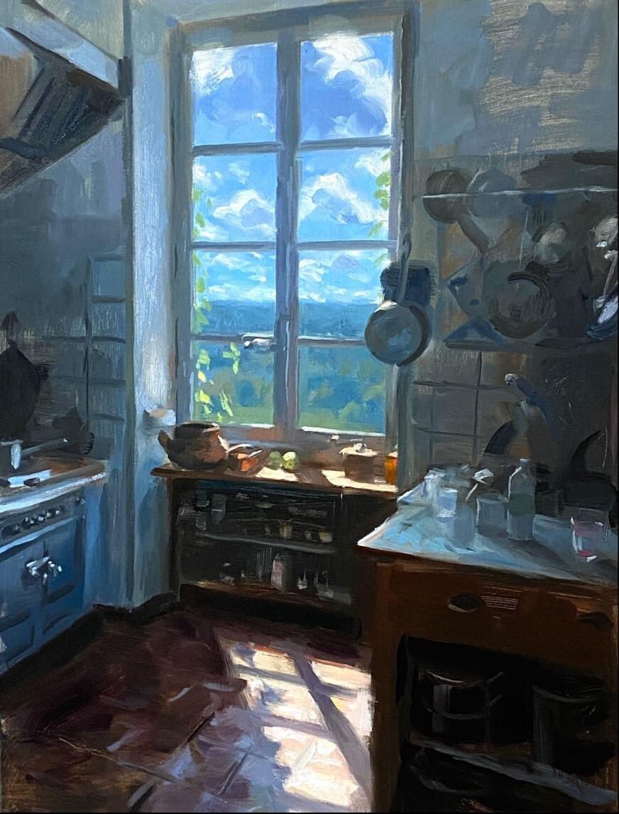 Aldo Balding (British, lives in France, b.1960) 
'Kitche at Domaine,' n.d. 
Oil on canvas 
80 x 60 cm