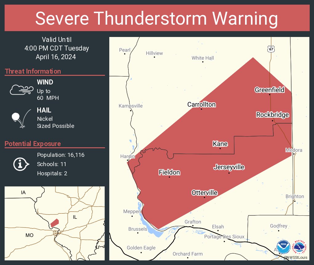 Severe Thunderstorm Warning continues for Jerseyville IL, Carrollton IL and Greenfield IL until 4:00 PM CDT