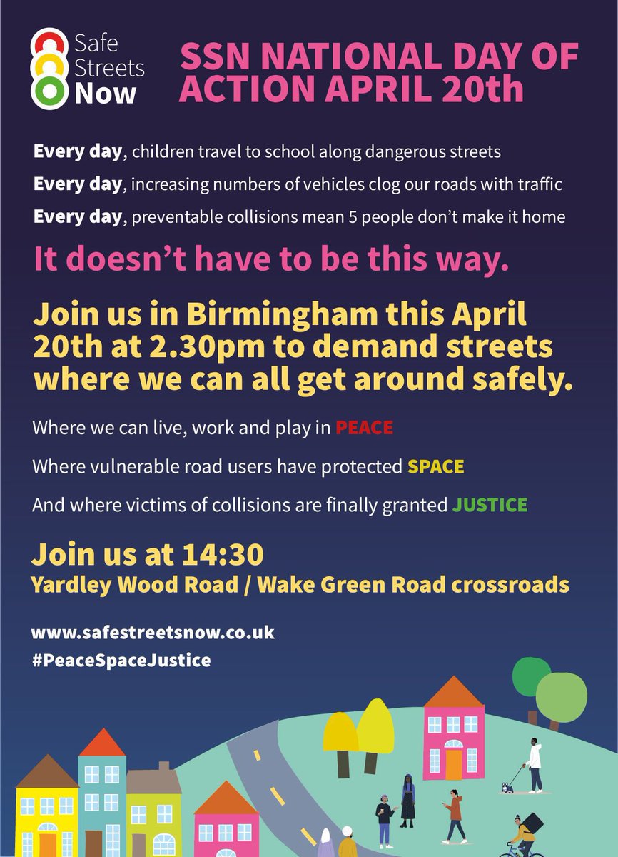 #safestreetsnow Day of Action. Birmingham’s event will take place at 2:30pm at the Wake Green Rd/Yardley Wood Rd crossroads #moseley B13 9UP. Accessible on the 1/2/3/5/41 bus routes. what3words address, tap to see exactly where it is: w3w.co/crust.sleep.br…