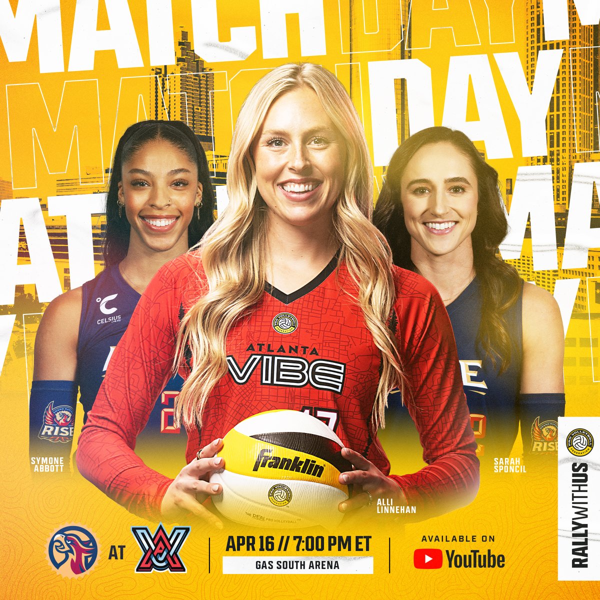 MATCH DAY! The @AtlantaVibeVB host the @GR_Rise tonight at 7:00 p.m. ET. 📺 @YouTube #RealProVolleyball #ProVolleyball