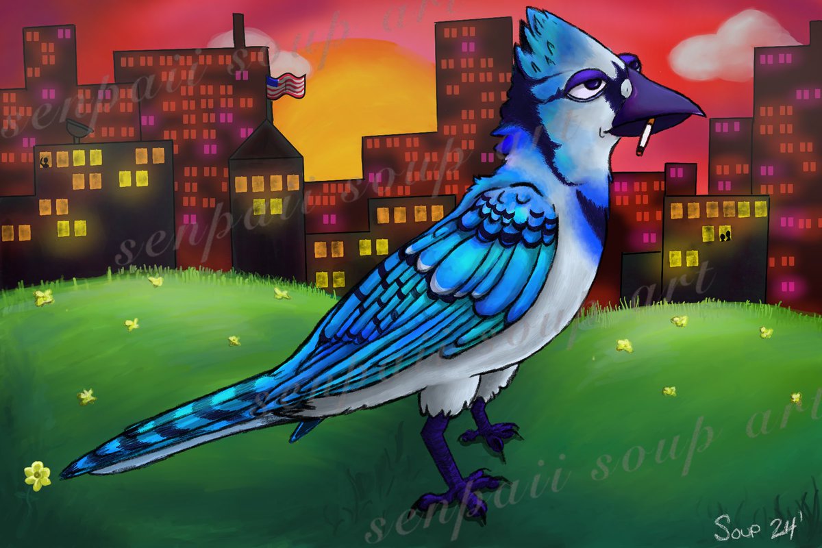 A sad bird in the big city.

Urbanization is causing species of birds to either find new home or adapt to the new conditions. So this blue jay took up smoking #bird #art