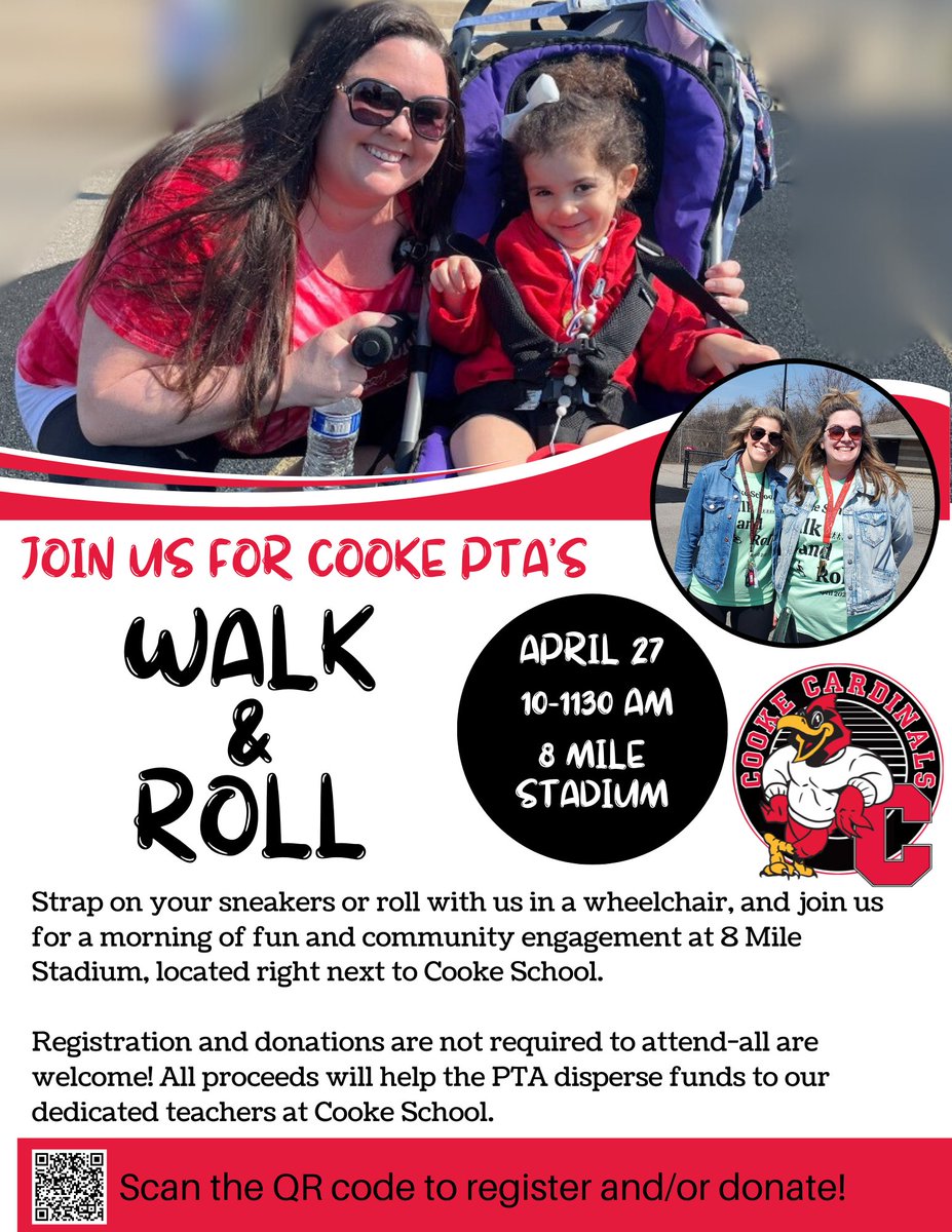 Lace up or roll with us at @cooke_school PTA's Walk & Roll event on April 27th! Your support helps the dedicated Cooke School teachers. Donate online and spread the word! Register and/or donate today: go.rallyup.com/cookeschoolwal…