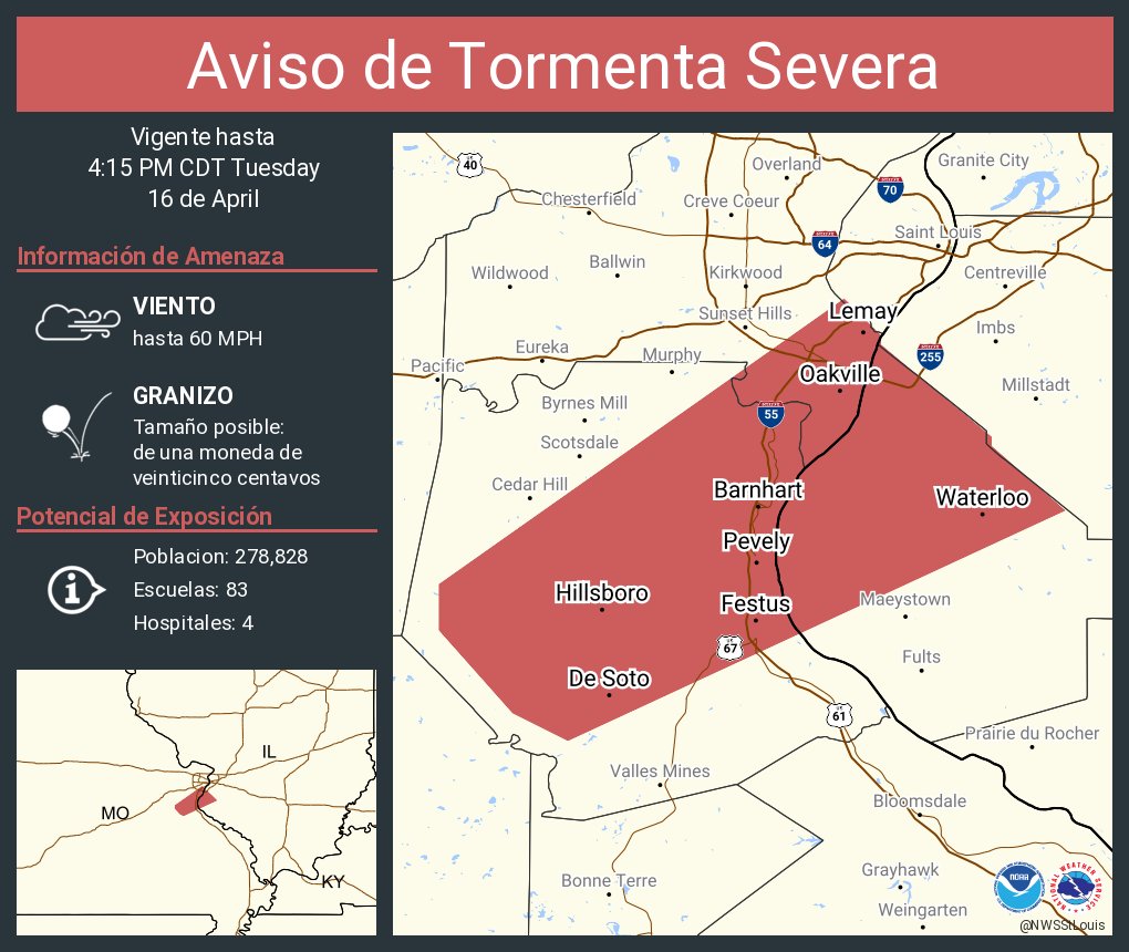 Aviso de Tormenta Severa continúa Oakville MO, Mehlville MO, Arnold MO hasta las 4:15 PM CDT