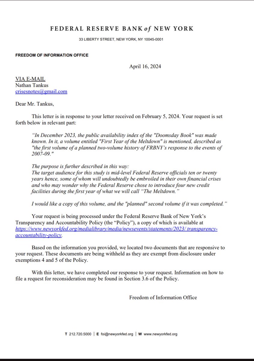 Boooo got denied the New York Fed's secret history of its 2008-2009 crisis response (not surprised). They did at least confirm that both volumes were completed.