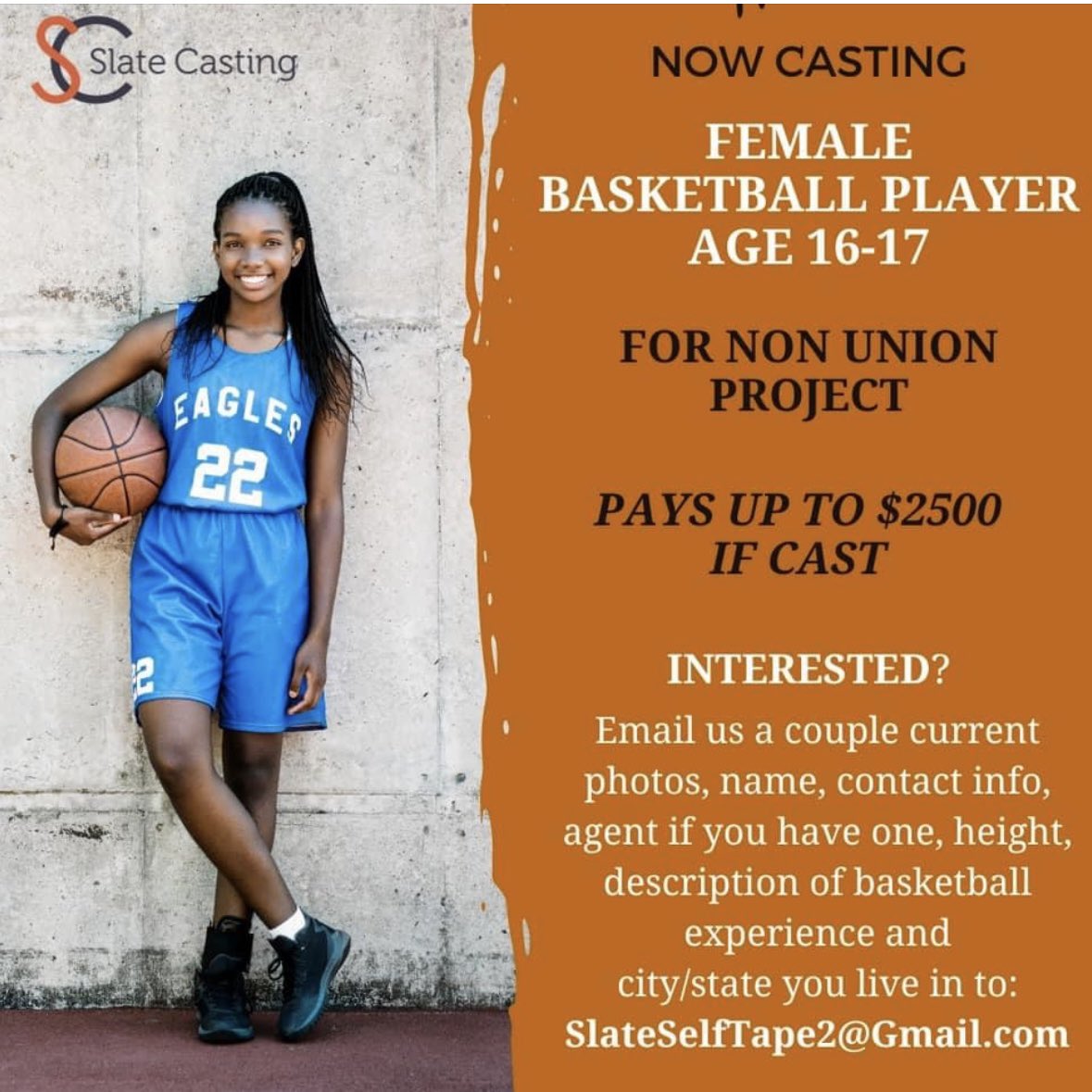 Calling all local female basketball players! Slate Casting is looking female basketball players who are 16-17 years old to appear in a TV commercial with a Boston basketball player. They are moving quickly, so reach out if you’re interested! <a href="/SlateCasting/">Drew Leary</a>