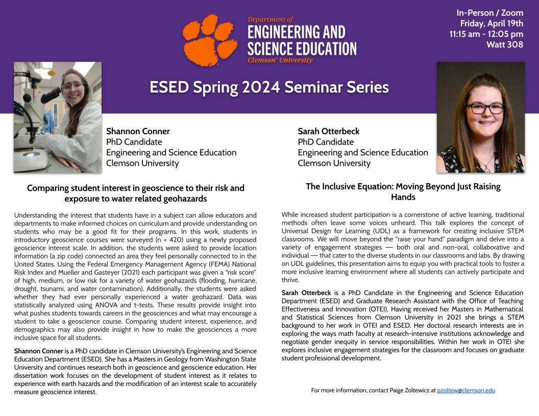 Join us this Friday, April 19th, at 11:15am ET for our seminar with ESED students Shannon Conner and Sarah Otterbeck! 

Contact Paige at pzoltew@clemson.edu for details.

linkedin.com/posts/clemson-…