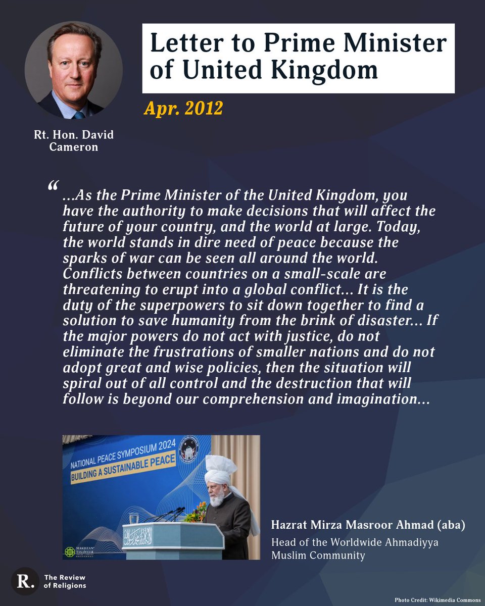 For many years, His Holiness, Hazrat Mirza Masroor Ahmad (aba) has been bringing our attention towards establishing world peace...but have we listened? Read some powerful letters to world leaders here: reviewofreligions.org/6230/letters-s… reviewofreligions.org/7152/letters-t… #Iran #WWIII #IsraelIranWar