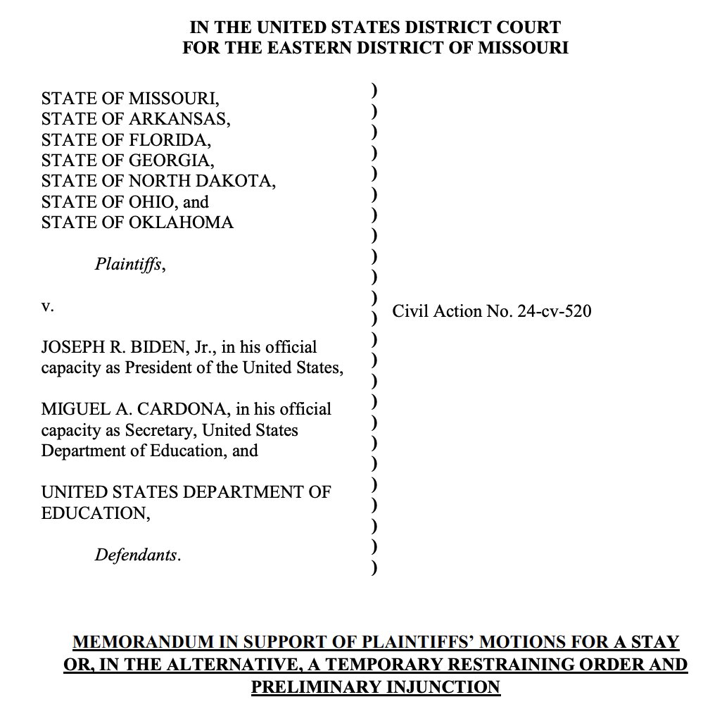 [BREAKING] @AGAndrewBailey filed emergency motions in Missouri federal court to block @POTUS's new** income-driven repayment plan, SAVE. The arguments are WACKY. 🧵 **SAVE was implemented early, helping millions get lower payments. It isn't 'new.' storage.courtlistener.com/recap/gov.usco…