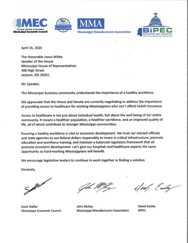 We appreciate the business community’s support to provide healthcare access to low-income Mississippians. A healthy economy is dependent on a healthy workforce. <a href="/MECStateChamber/">MS Economic Council</a> <a href="/MSManufacturers/">Mississippi Manufacturers Association</a> <a href="/bipec/">BIPEC</a>