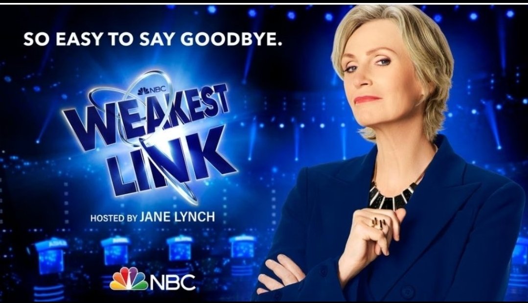 Five-time Emmy-winning actress & America's Favorite Game Show Host #JaneLynch brings salty sarcasm 😉 to the #WeakestLink, Tues., 4/16 at 9 ET/PT @nbc. Watch @janemarielynch GLEE-fully bid goodbye to the weakest links leaving the strongest link to take home up to $1 million!