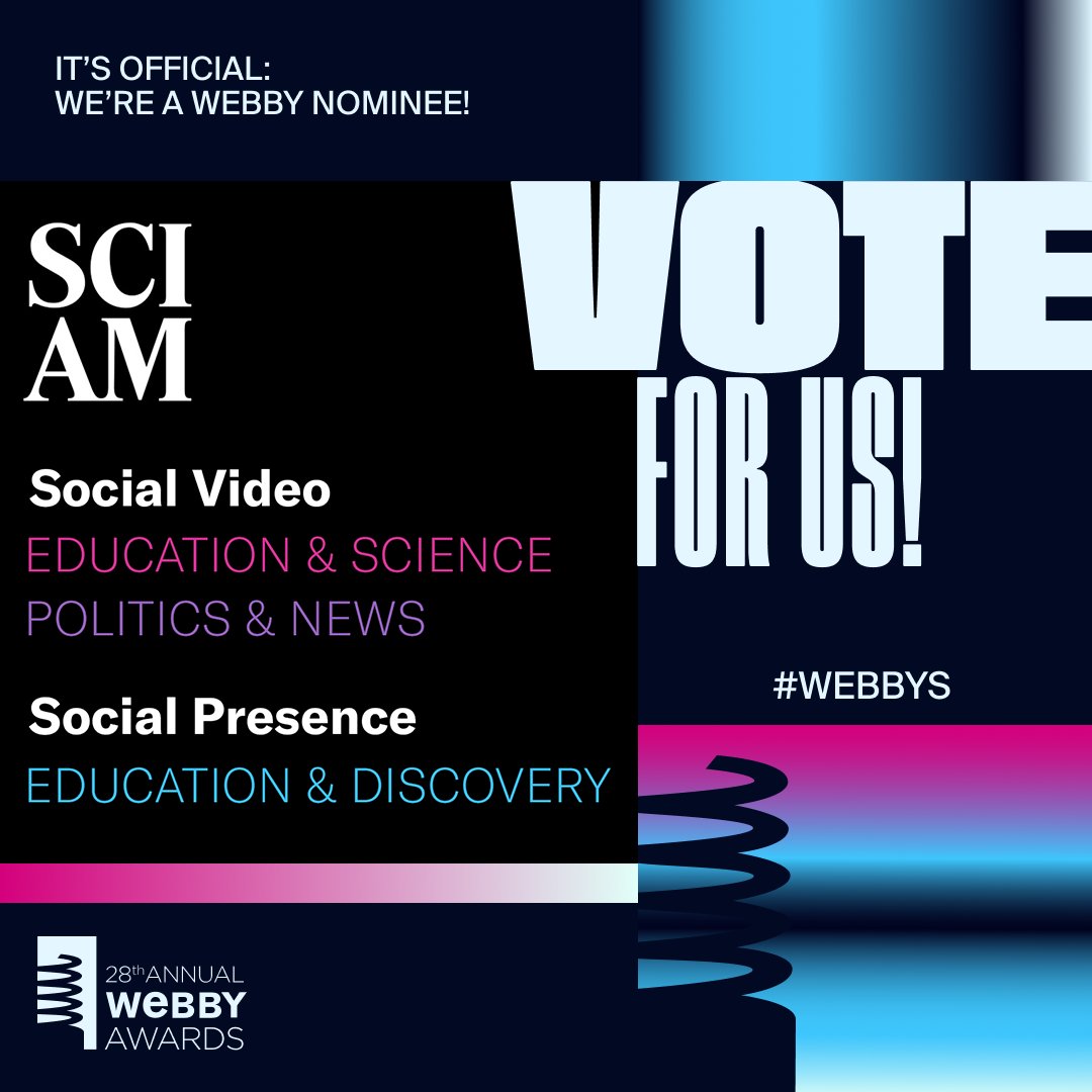 🎉 We're nominated for 3 @TheWebbyAwards! VOTE for us before April 18 in the following categories: Social Video, Education & Science bit.ly/3VFN8m3 Social Video, News & Politics bit.ly/49k4cBu Social Presence, Education & Discovery bit.ly/3U1J5PQ