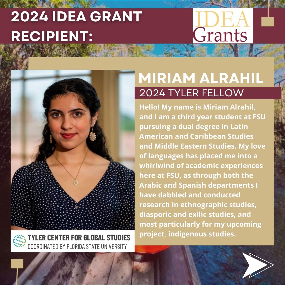 FSU_CRE's tweet image. As part of Undergraduate Research Week, we would like to highlight 2024 IDEA Grant recipient Miriam Alrahil! She received her grant through the support of the Tyler Center for Global Studies. Read more about her project: buff.ly/49G1p5R 

#URW2024 #IDEAGrant #TylerFellow
