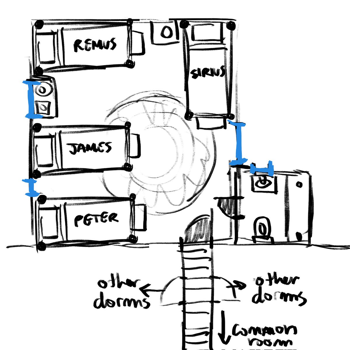 i realized the way i imagine the gryffindor common room + the marauder's dorm is completely made up so i drew the way i see the floorplan (blue lines are windows)