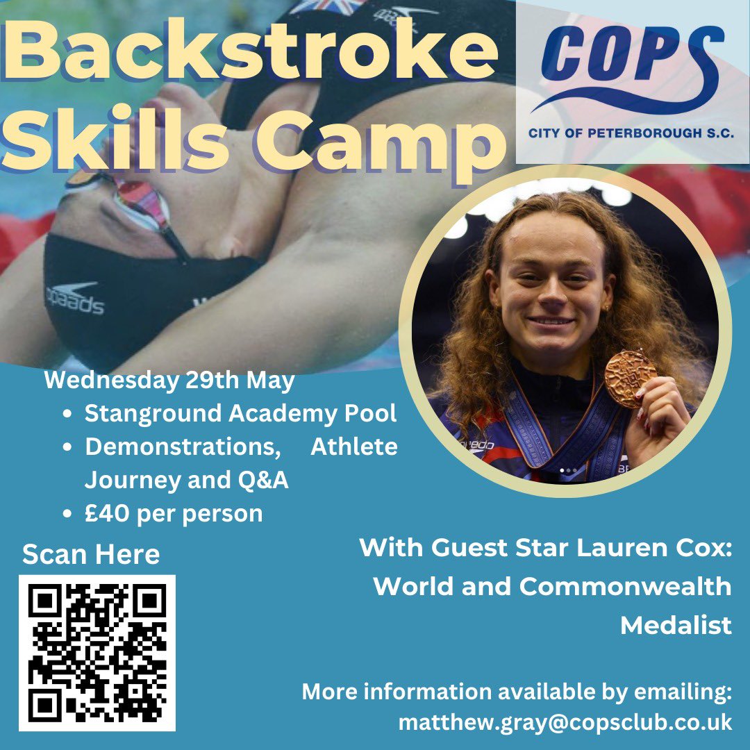 Join 🇬🇧 internationals Lily Brooker &amp; Lauren Cox to develop world class Breaststroke &amp; Backstroke stroke skills &amp; learn from their journeys.

Open to 9-16yrs of club swimming level+ wanting to develop their best skills and knowledge.

To sign up use the QR code 💙💛