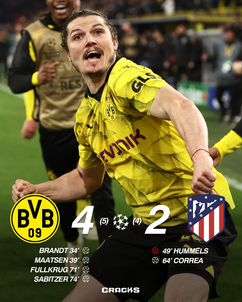 ➟ 𝙁𝙄𝙉𝘼𝙇 | Borussia Dortmund (5) 4-2 (4) Atlético de Madrid 𝗗𝗢𝗥𝗧𝗠𝗨𝗡𝗗 𝗔 𝗦𝗘𝗠𝗜𝗦. ¡Remontaron al Atléti en casa! Cuartos de Final Vuelta 🗓 | Champions League 🇪🇺