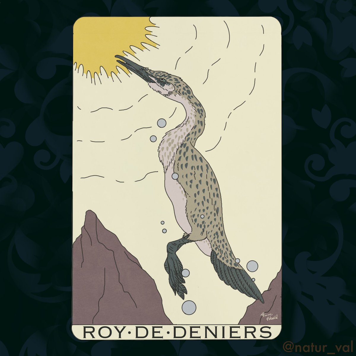 Tarot Before Time - Roy de Deniers (King of Pentacles). Hesperornis regalis, a seabird that lived during the Upper Cretaceous, with strong legs for swimming, almost non-existent wings and a beak with sharp teeth for harpooning fish. It almost seems to grasp the Sun with its beak.